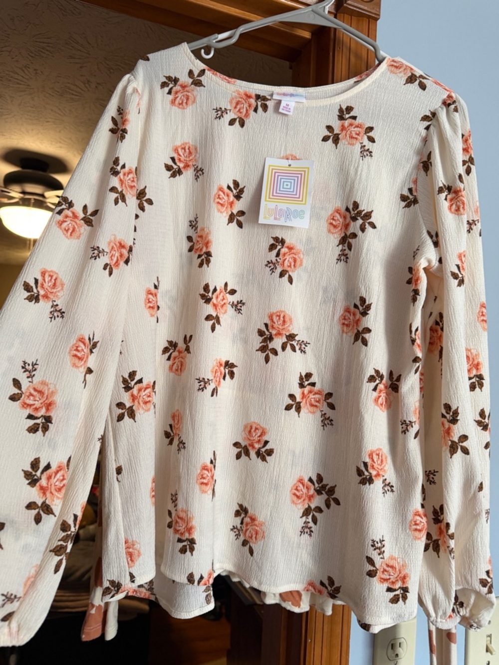 LuLaRoe Cream Top with Peach Rose Print